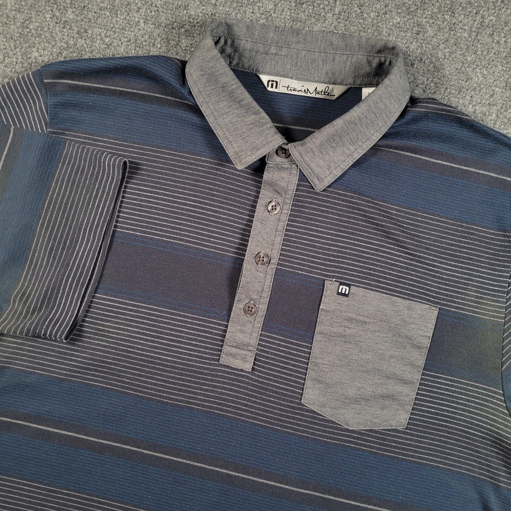 Travis Mathew Polo Shirt‎ Mens Large Blue Gray Striped Golf Pima Cotton Pocket